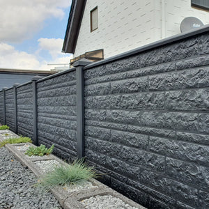 Beidseitige Betonzaunplatte Motiv Fels anthrazit – Sichtschutzzaun aus Beton