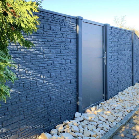 Beidseitige Betonzaunplatte Motiv Mosaik anthrazit – Sichtschutzzaun aus Beton