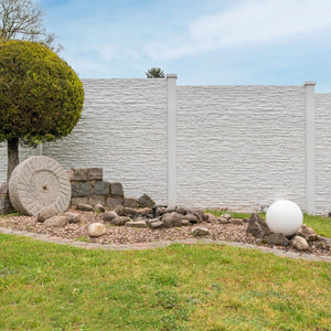 Beidseitige Betonzaunplatte Motiv Nostalgie naturgrau – Sichtschutzzaun aus Beton